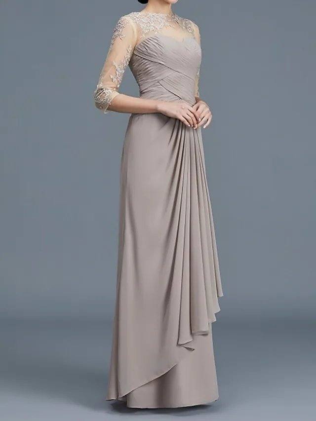 A-Line Mother of the Bride Dress Elegant Illusion Neck Floor Length Chiffon Lace 3/4 Length Sleeve with Lace Appliques Ruching - RongMoon
