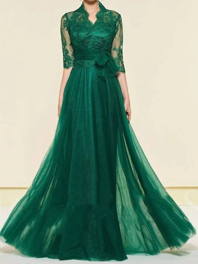 A-Line Mother of the Bride Dress Elegant High Neck Floor Length Chiffon Lace Half Sleeve with Lace Pleats Appliques - RongMoon