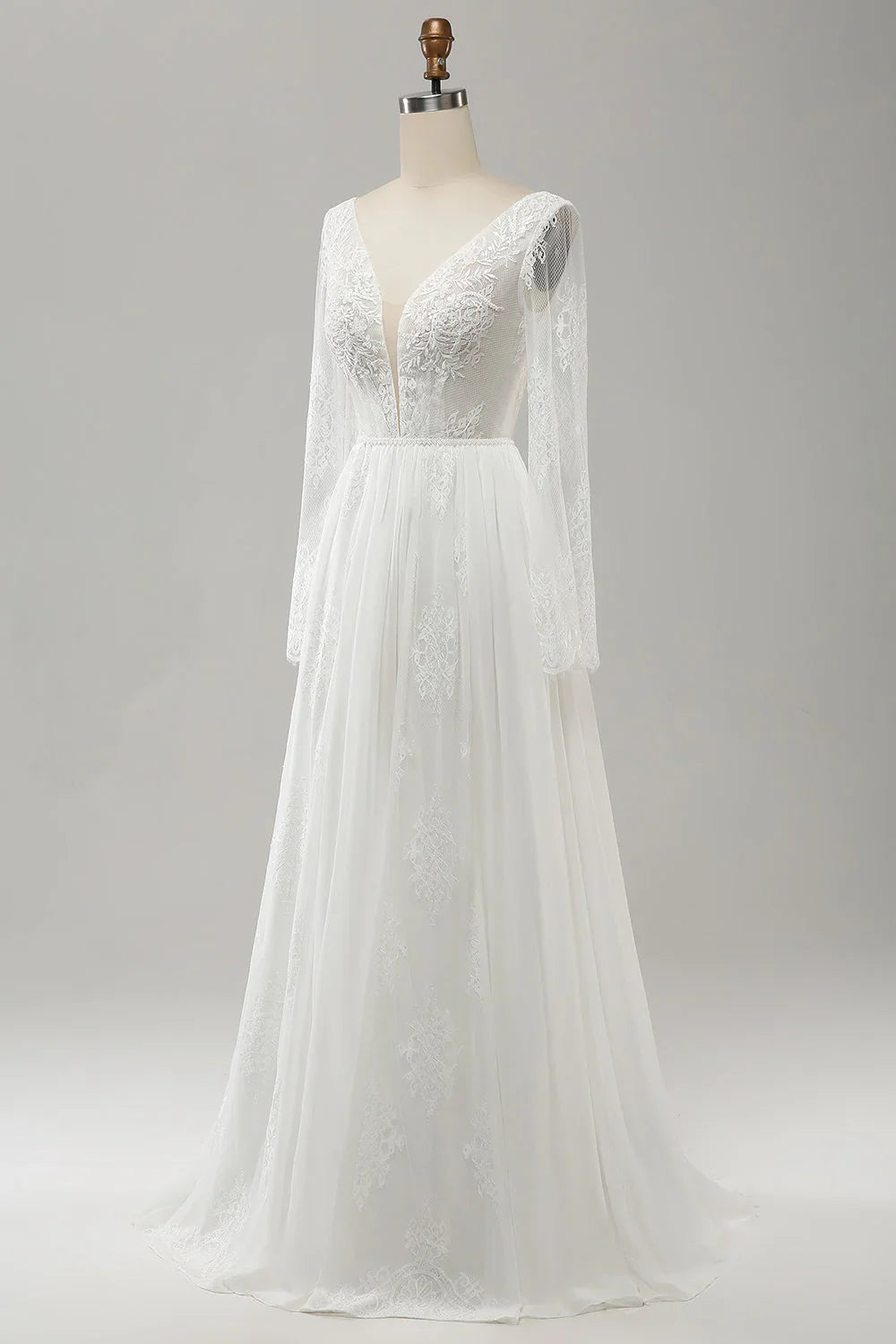 A Line V Neck Long Sleeve Beach Boho Wedding Dress