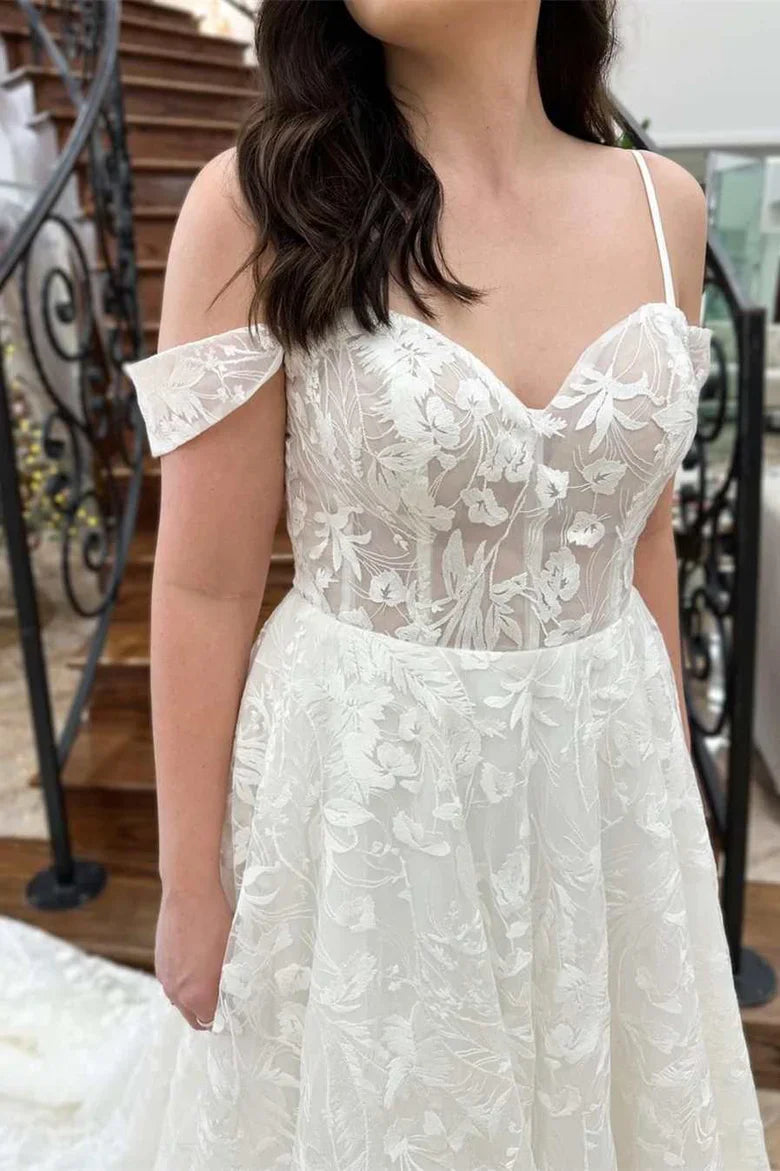 A-Line Floral Lace Wedding Dress With Train