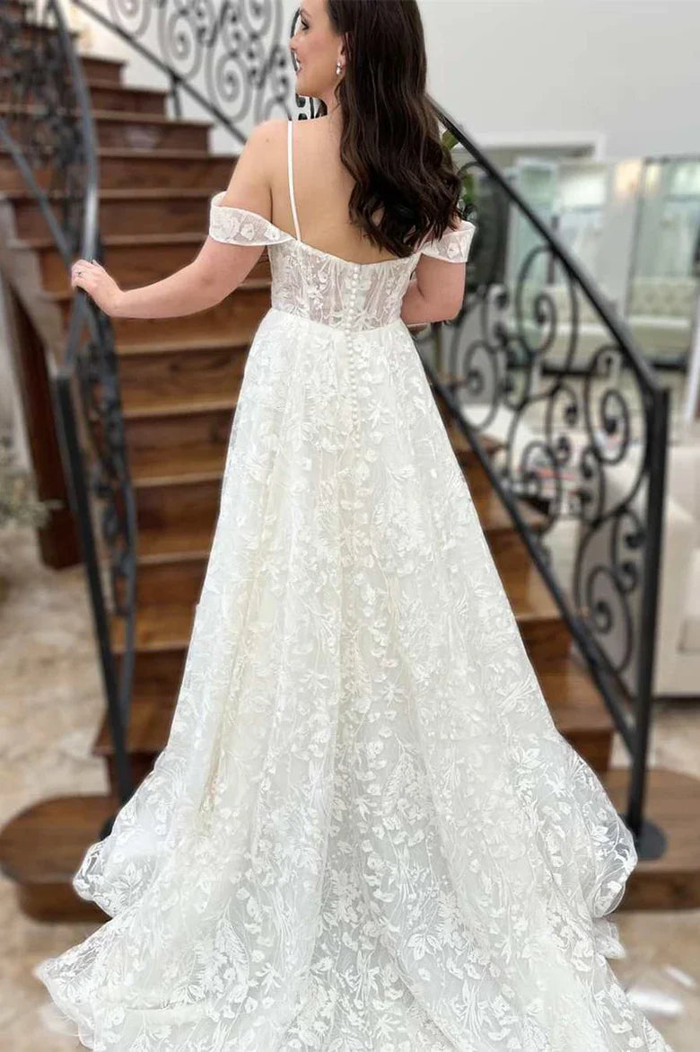 A-Line Floral Lace Wedding Dress With Train