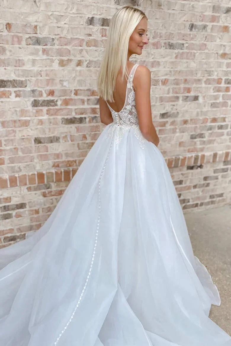 A-Line Lace Deep V Backless Train Wedding Dress