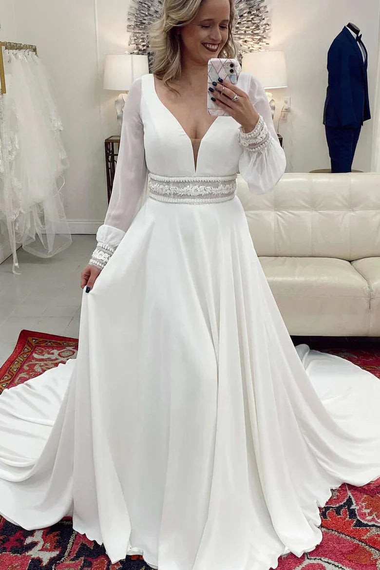 A-Line Deep V Neck Sleeve Wedding Dress