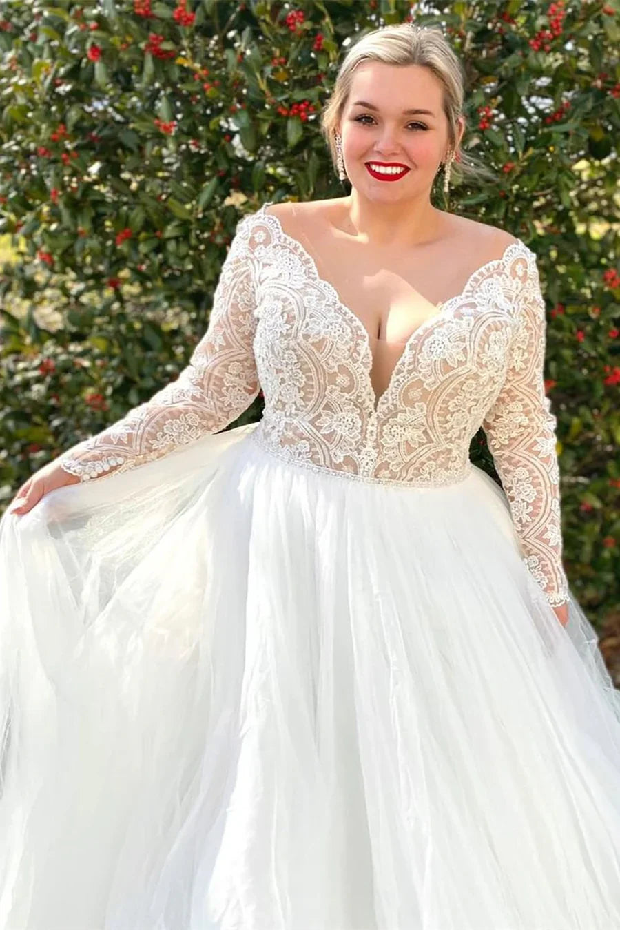 A-Line Lace Deep V-Neck Long Sleeve Backless Wedding Dress
