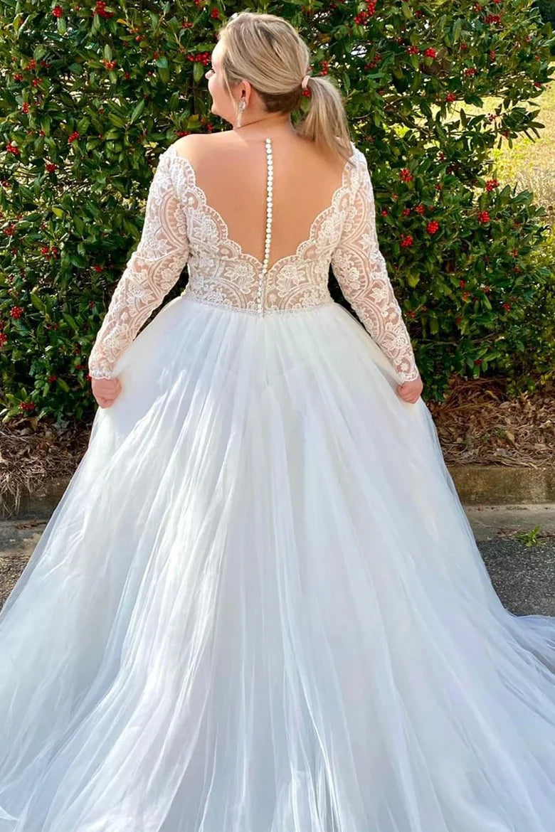 A-Line Lace Deep V-Neck Long Sleeve Backless Wedding Dress