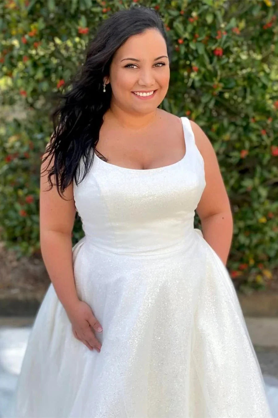 A-Line Glittery Square Neck Long Wedding Dress