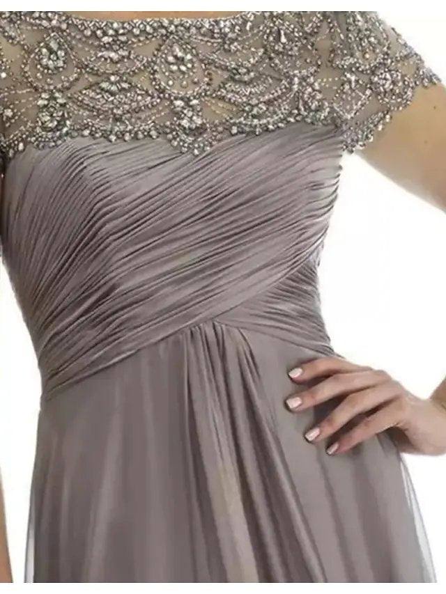 A-Line Mother of the Bride Dress Elegant Bateau Neck Floor Length Chiffon Short Sleeve with Pleats Beading Ruffles - RongMoon