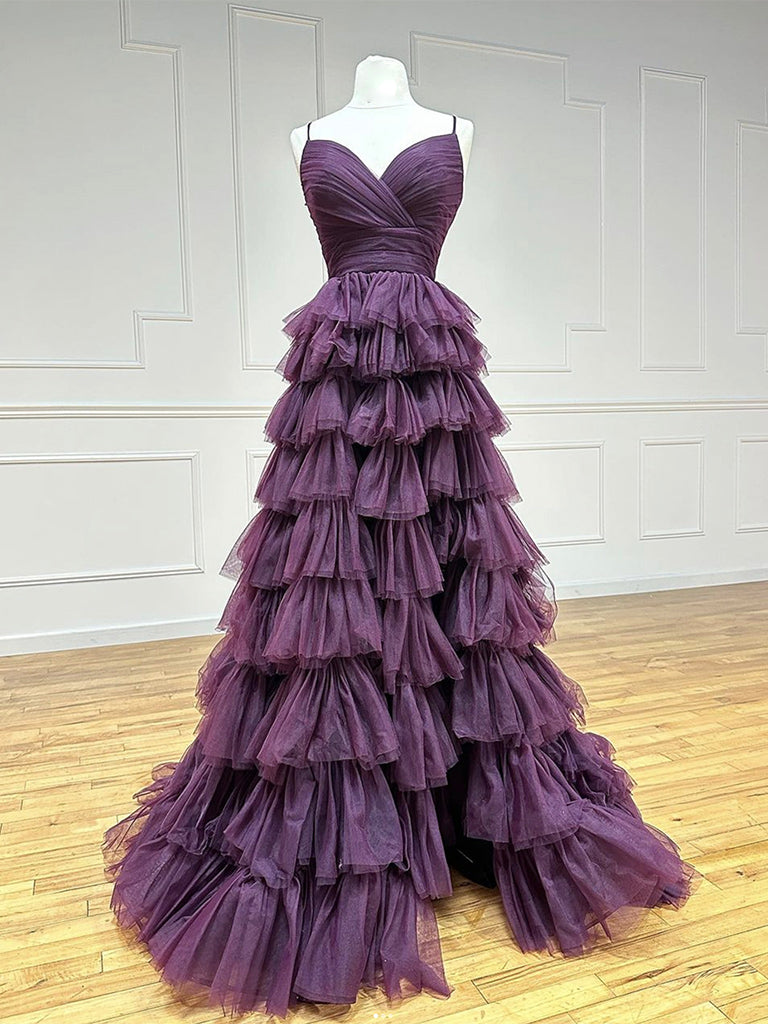 A-Line Backless Tulle Purple Long Prom Dress, Tulle Long Formal Dress