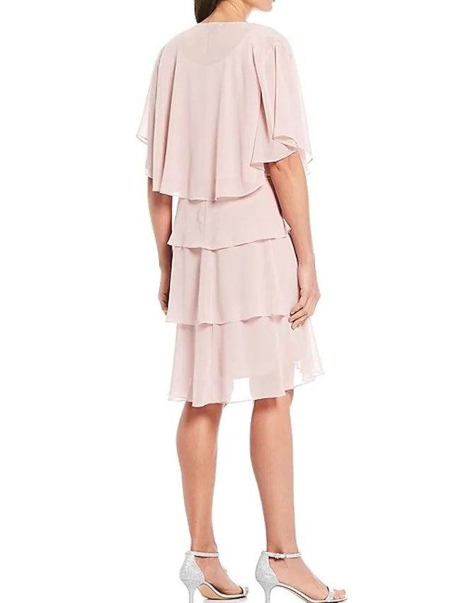 A-Line Mother of the Bride Dress Elegant Jewel Neck Knee Length Chiffon Half Sleeve with Cascading Ruffles - RongMoon