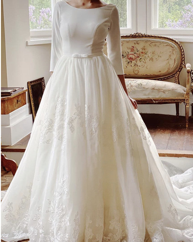 A Line Organza Wedding Dress Satin Sleeves