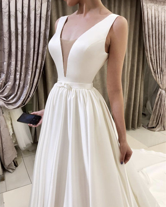 A Line Wedding Dress Satin Plunge Neck