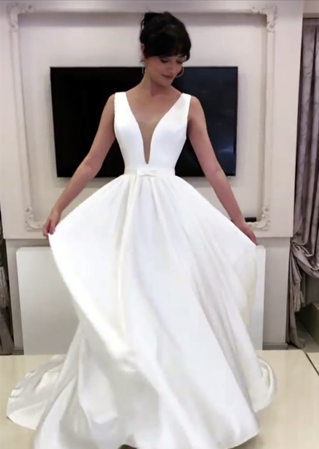 A Line Wedding Dress Satin Plunge Neck