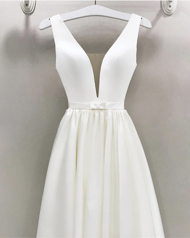 A Line Wedding Dress Satin Plunge Neck