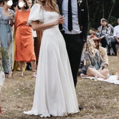 A Line Long Square Neck Lantern Sleeves V Back Pearls Soft Satin Wedding Dress