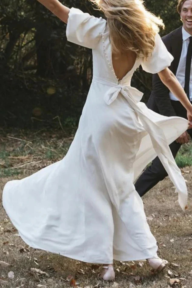 A Line Long Square Neck Lantern Sleeves V Back Pearls Soft Satin Wedding Dress