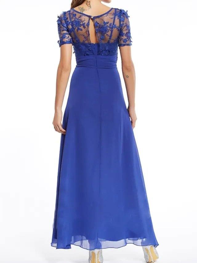 A-Line Mother of the Bride Dress Elegant Illusion Neck Jewel Neck Floor Length Chiffon Lace Short Sleeve with Appliques Ruching - RongMoon