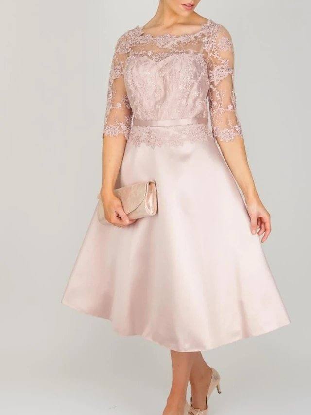 A-Line Mother of the Bride Dress Elegant Jewel Neck Tea Length Lace Satin 3/4 Length Sleeve with Embroidery - RongMoon