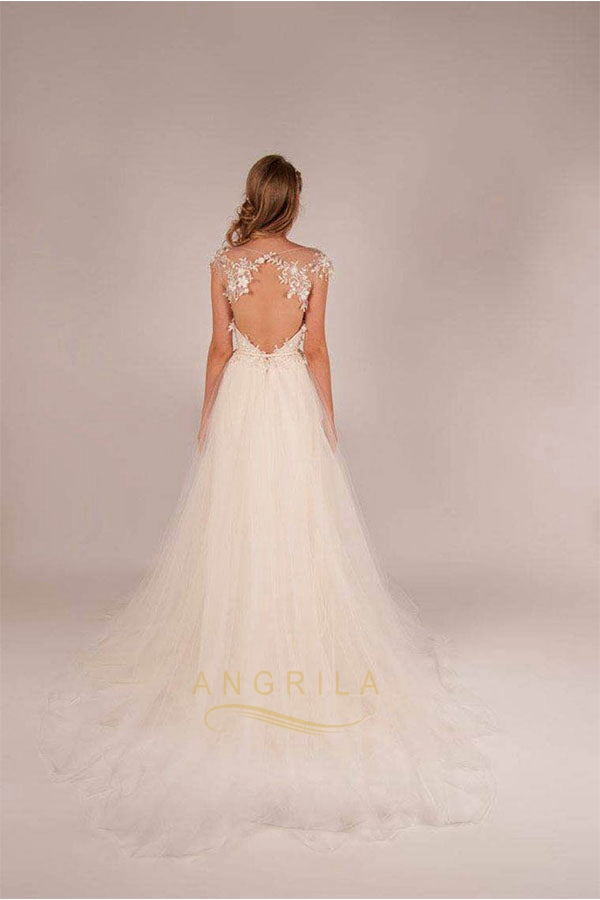 A-line Illusion Tulle Beach Wedding Dresses
