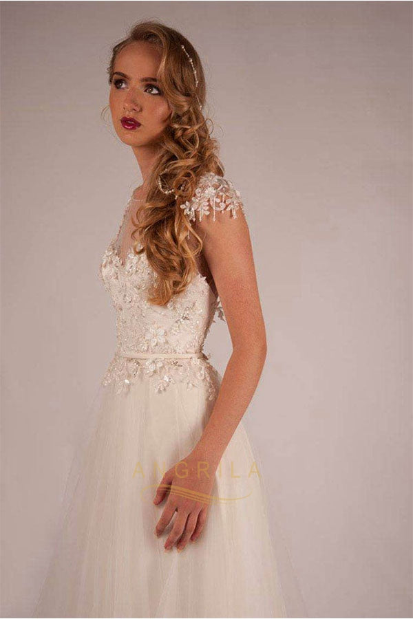 A-line Illusion Tulle Beach Wedding Dresses