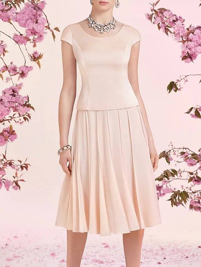 A-Line Mother of the Bride Dress Elegant Jewel Neck Knee Length Chiffon Satin Sleeveless with Pleats - RongMoon