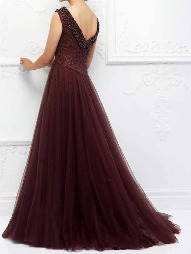 A-Line Mother of the Bride Dress Elegant Jewel Neck Floor Length Lace Sleeveless with Pleats - RongMoon
