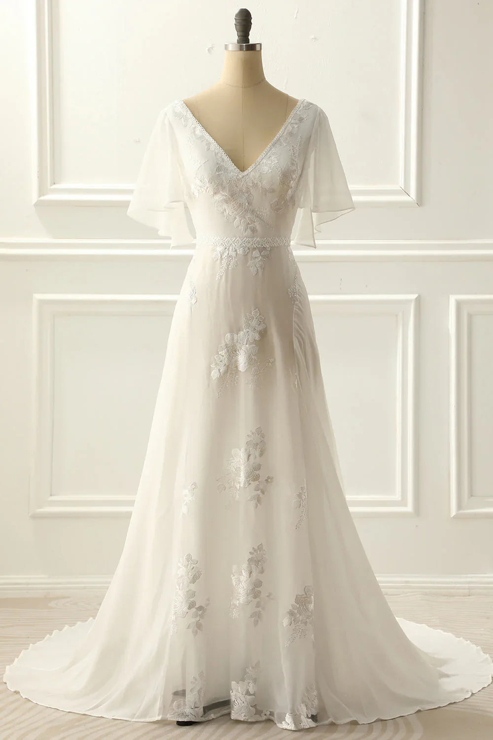 A Line Long V Neck Wedding Dress With Appliques
