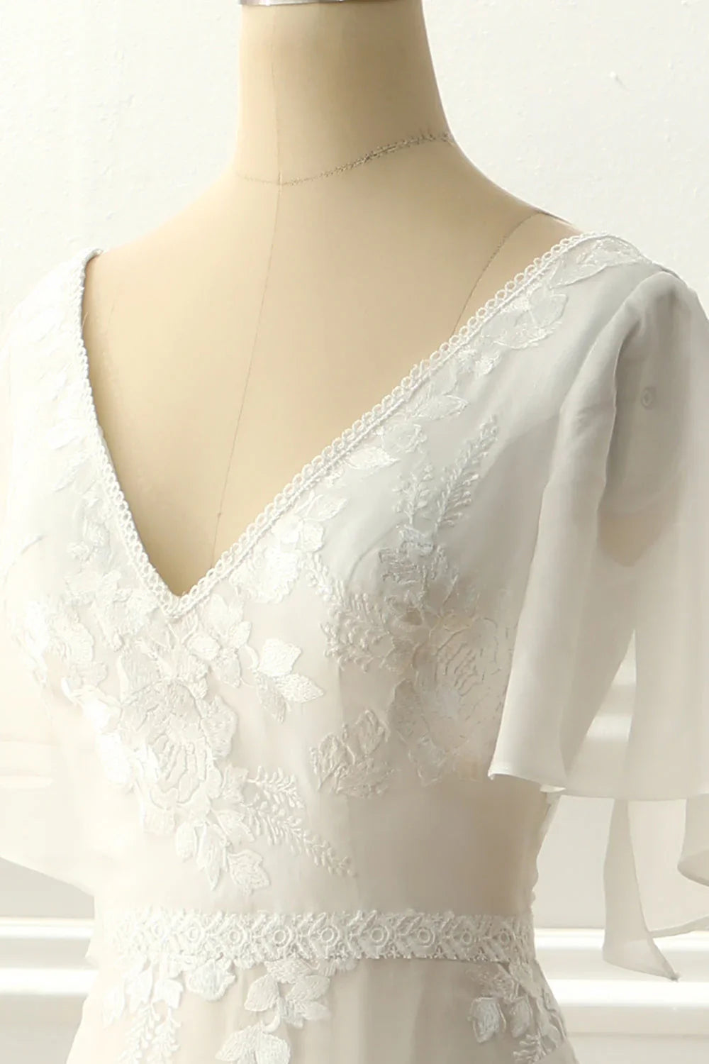 A Line Long V Neck Wedding Dress With Appliques