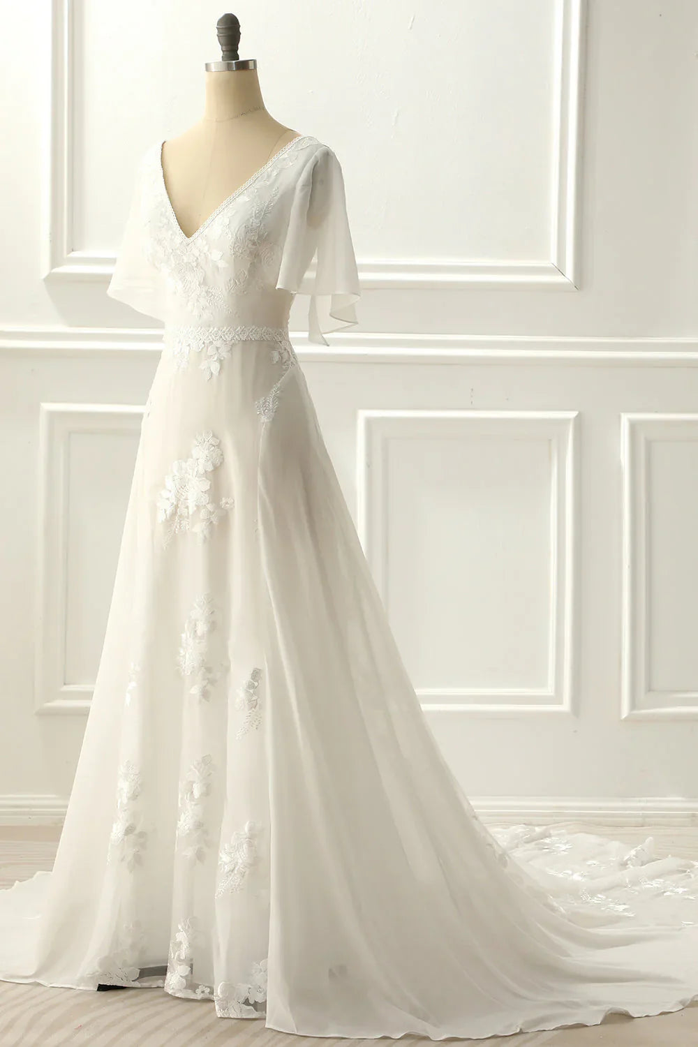 A Line Long V Neck Wedding Dress With Appliques
