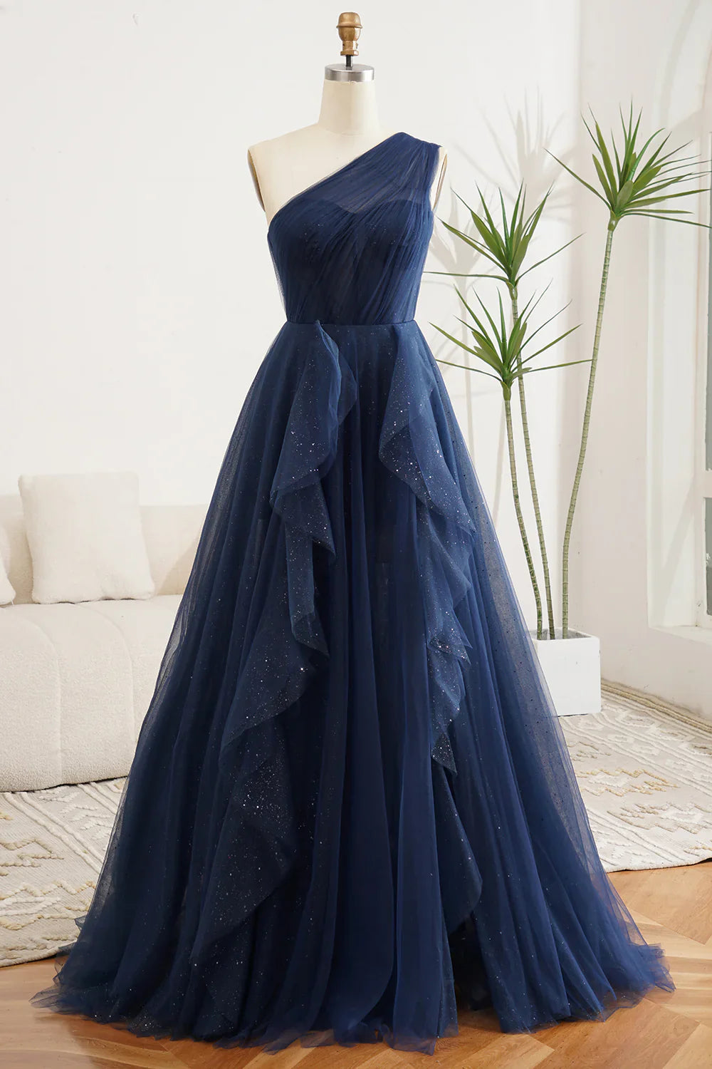 A Line Navy Blue One Shoulder Chiffon Long Ball Dress