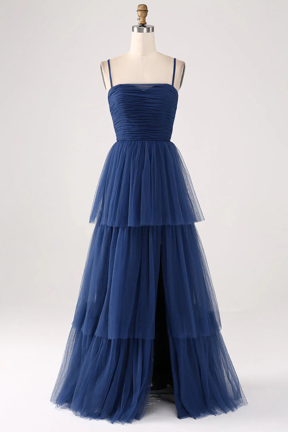 A Line thin shoulder strap layered sheer pleated slit prom dress