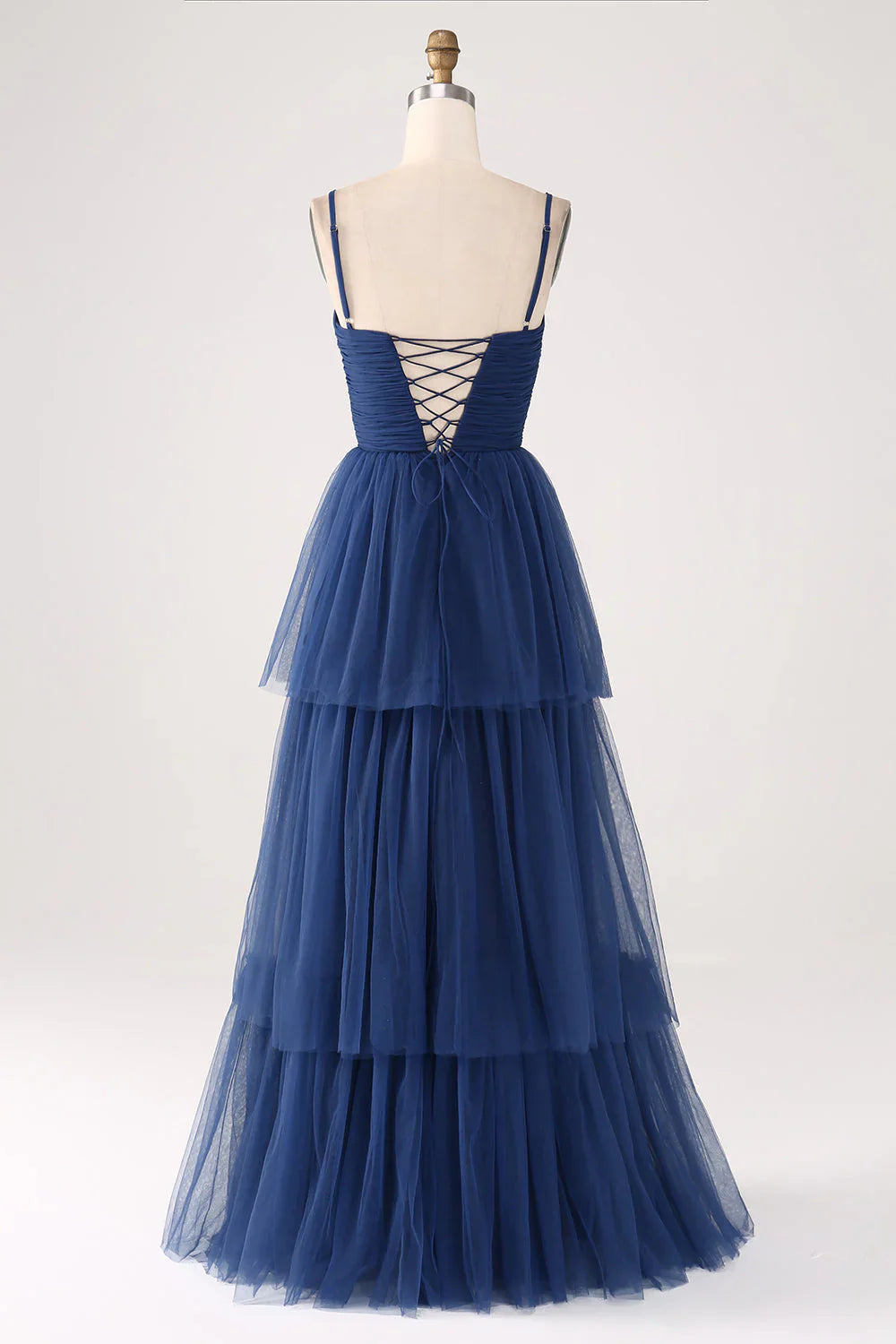 A Line thin shoulder strap layered sheer pleated slit prom dress