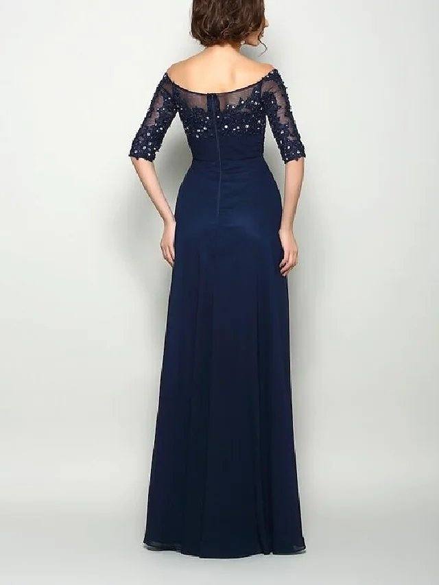 A-Line Mother of the Bride Dress Elegant & Luxurious Off Shoulder Floor Length Chiffon Lace Half Sleeve with Sash / Ribbon Pleats Crystals - RongMoon