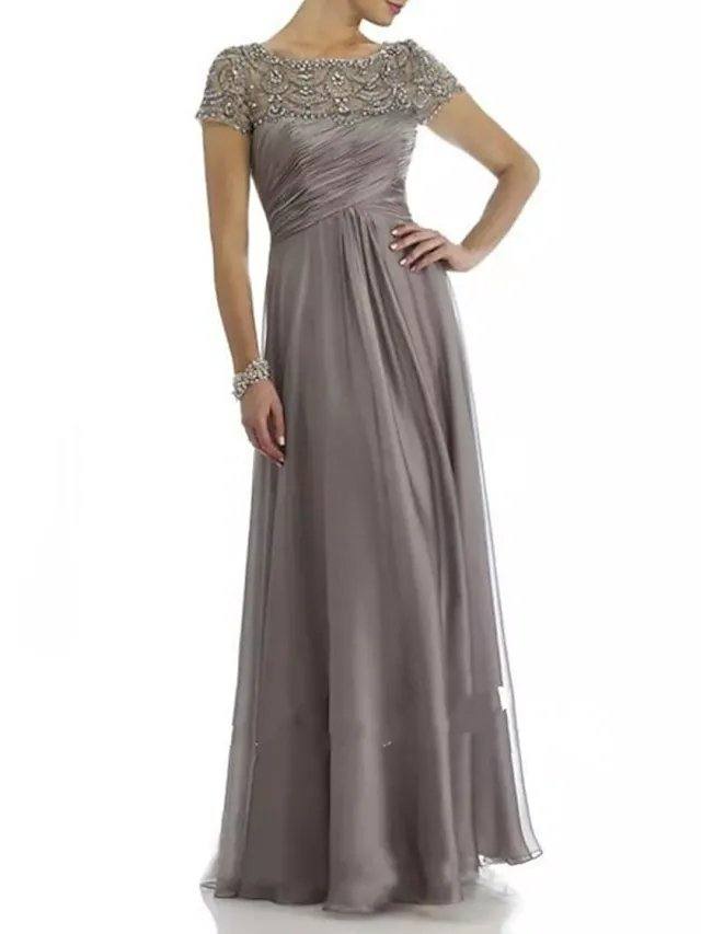 A-Line Mother of the Bride Dress Elegant Jewel Neck Floor Length Chiffon Satin Short Sleeve with Beading Sequin Draping - RongMoon