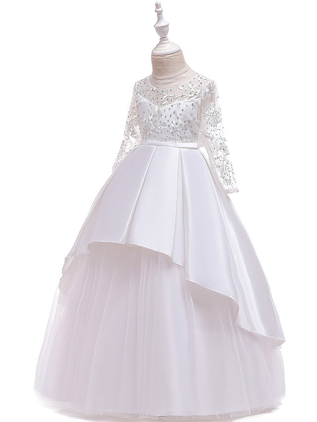 A-Line 3/4 Length Sleeve Jewel Neck Cotton Lace Ball Gown Flower Girl Dresses With Lace Sash Ribbon Pleats