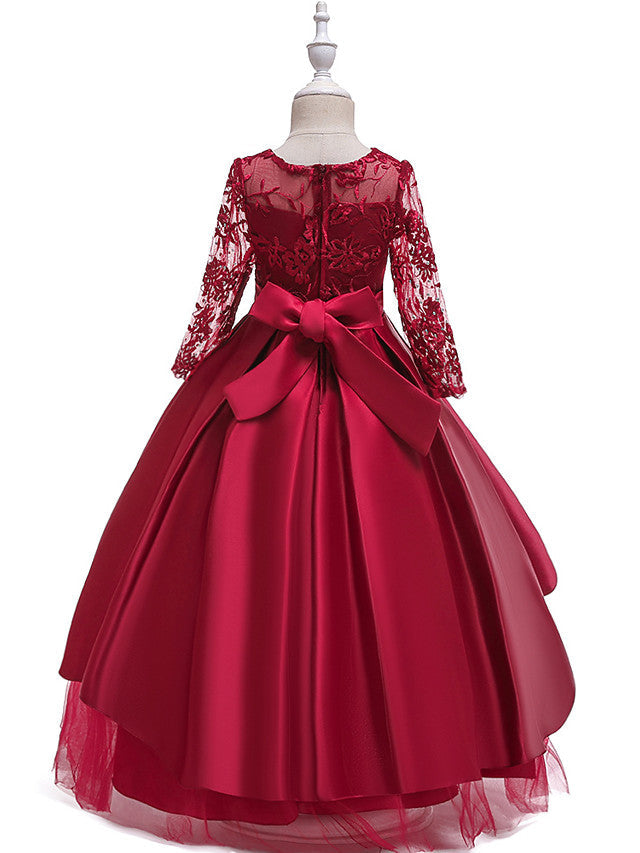 A-Line 3/4 Length Sleeve Jewel Neck Cotton Lace Ball Gown Flower Girl Dresses With Lace Sash Ribbon Pleats