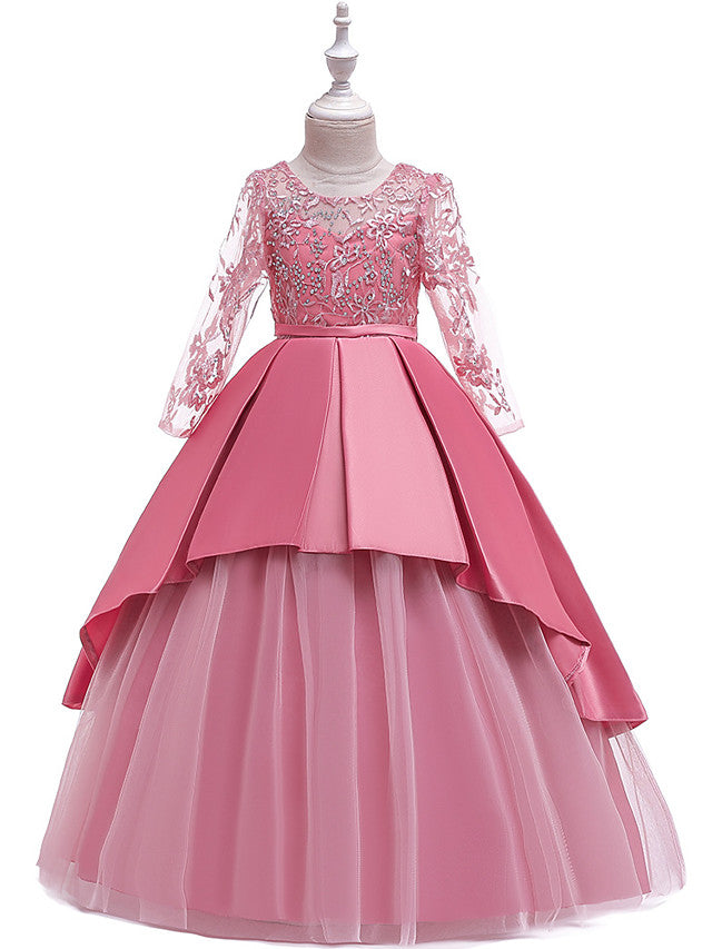 A-Line 3/4 Length Sleeve Jewel Neck Cotton Lace Ball Gown Flower Girl Dresses With Lace Sash Ribbon Pleats