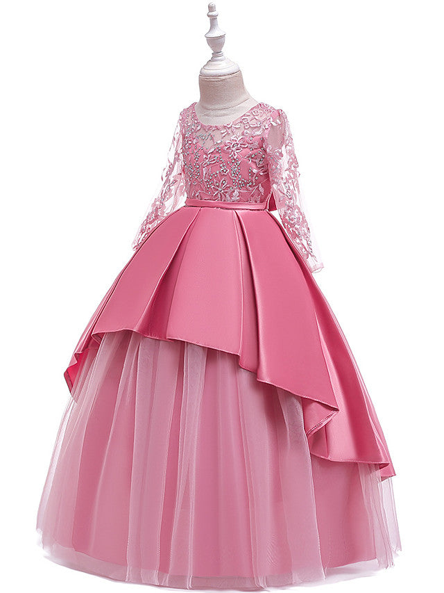 A-Line 3/4 Length Sleeve Jewel Neck Cotton Lace Ball Gown Flower Girl Dresses With Lace Sash Ribbon Pleats