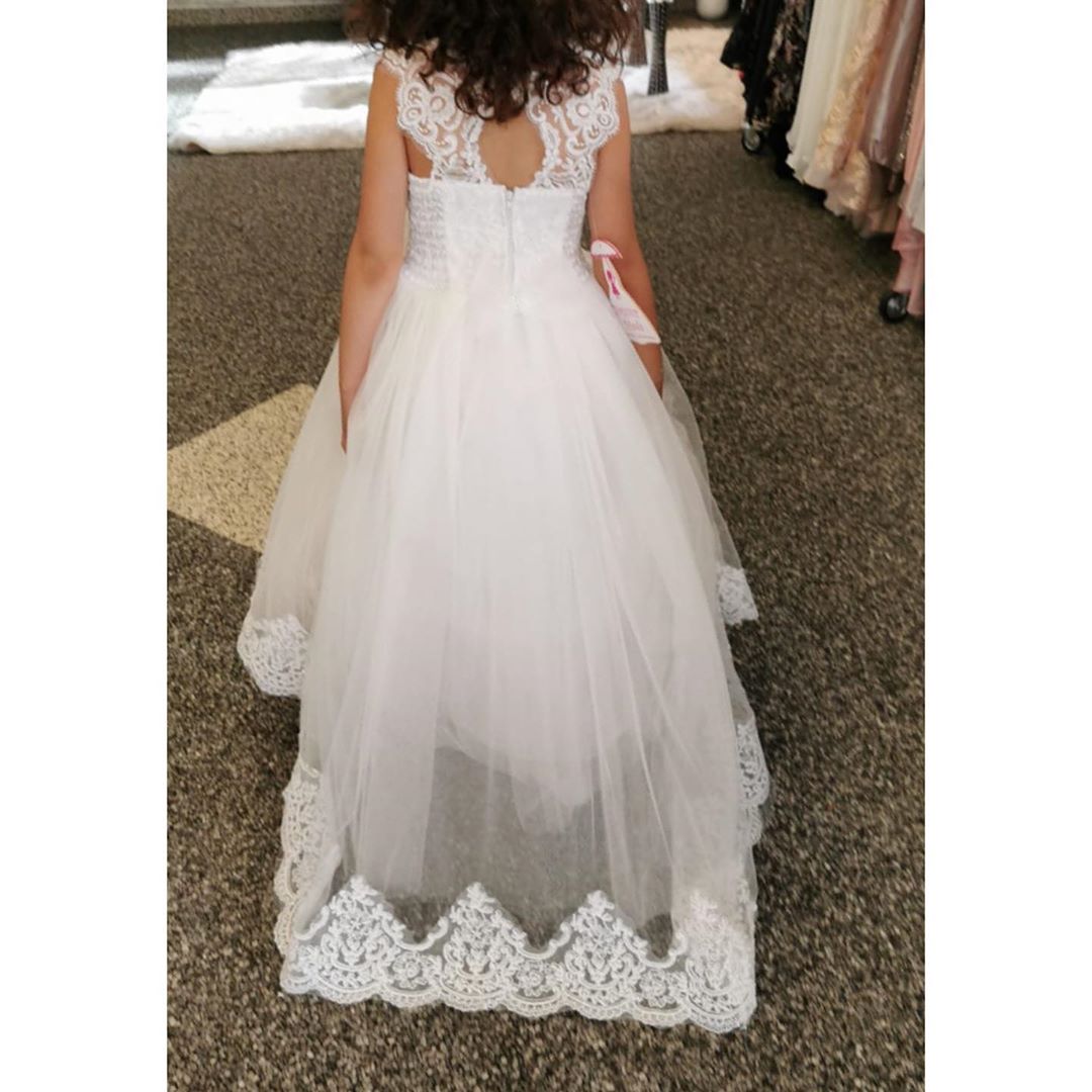 A-line Bateau Jewel Lace Flower Girl Dress with Pearls and Appliques
