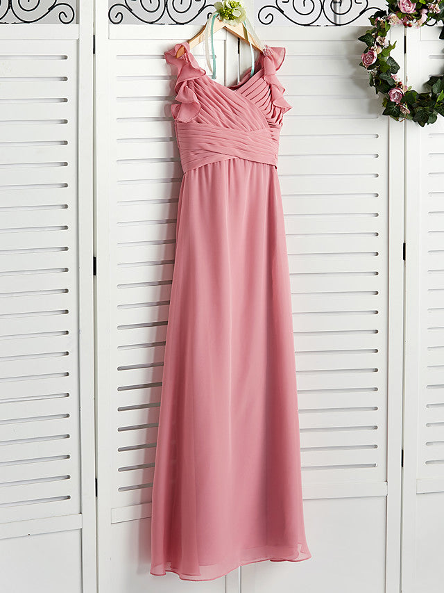 A-Line Boat Neck Maxi Chiffon Flower Girl Dress with Cascading Ruffles and Ruching