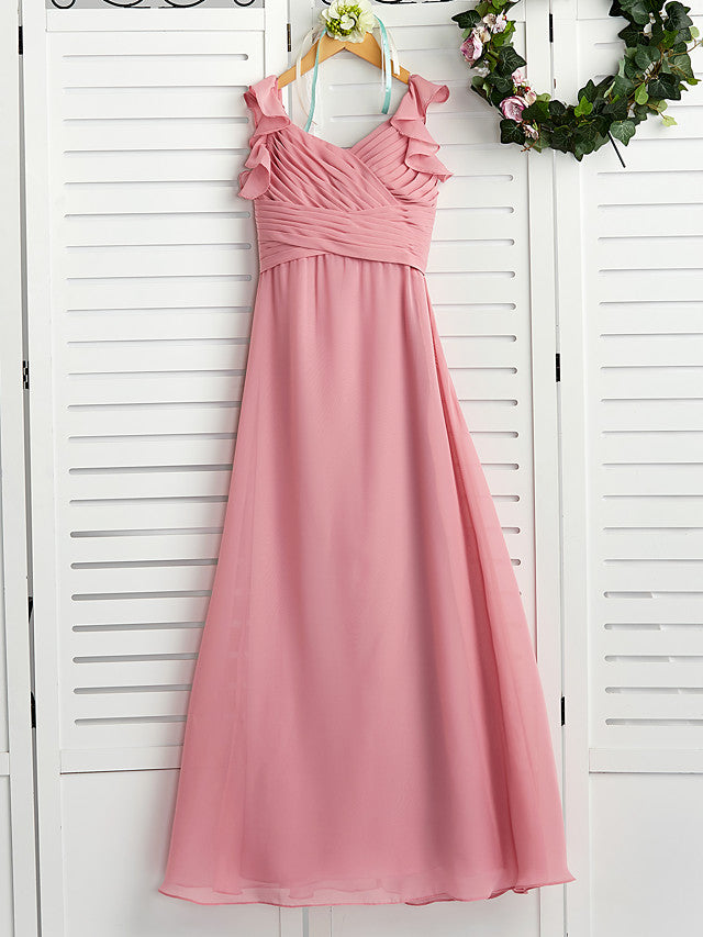 A-Line Boat Neck Maxi Chiffon Flower Girl Dress with Cascading Ruffles and Ruching