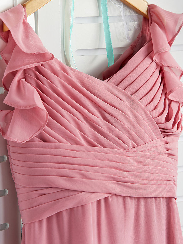 A-Line Boat Neck Maxi Chiffon Flower Girl Dress with Cascading Ruffles and Ruching