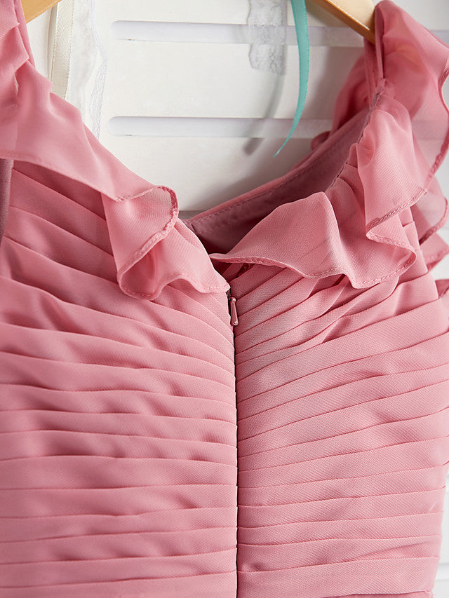 A-Line Boat Neck Maxi Chiffon Flower Girl Dress with Cascading Ruffles and Ruching