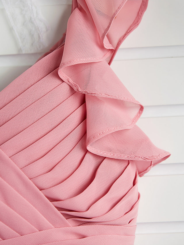 A-Line Boat Neck Maxi Chiffon Flower Girl Dress with Cascading Ruffles and Ruching