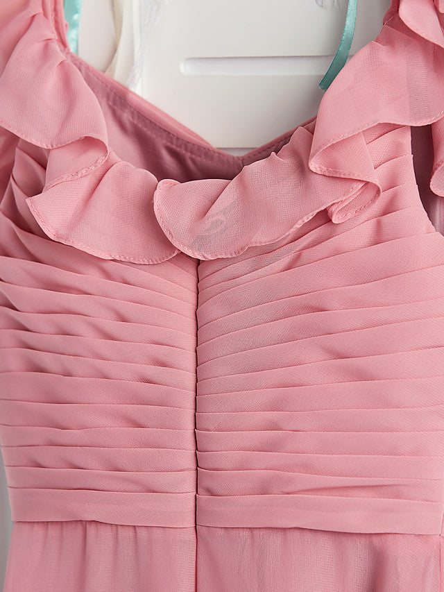 A-Line Boat Neck Maxi Chiffon Flower Girl Dress with Cascading Ruffles and Ruching