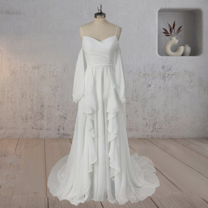 A-Line Chiffon Detachable Puffy Sleeves Wedding Dress