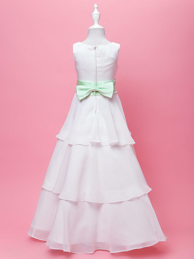 A-Line Chiffon Floor Length Wedding Dress With Ribbon Bow Sleeveless Scoop Neck and Sash Draping For Princesses