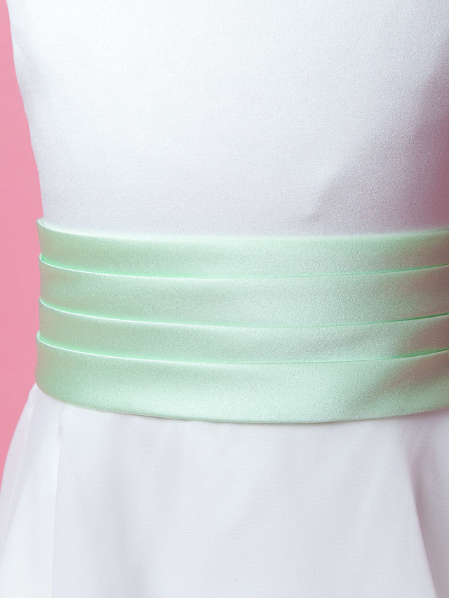 A-Line Chiffon Floor Length Wedding Dress With Ribbon Bow Sleeveless Scoop Neck and Sash Draping For Princesses