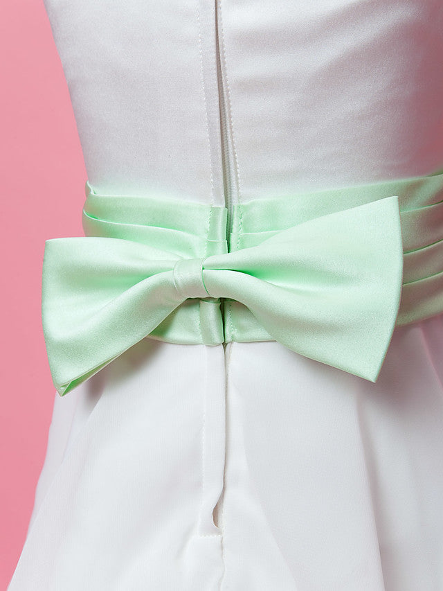 A-Line Chiffon Floor Length Wedding Dress With Ribbon Bow Sleeveless Scoop Neck and Sash Draping For Princesses