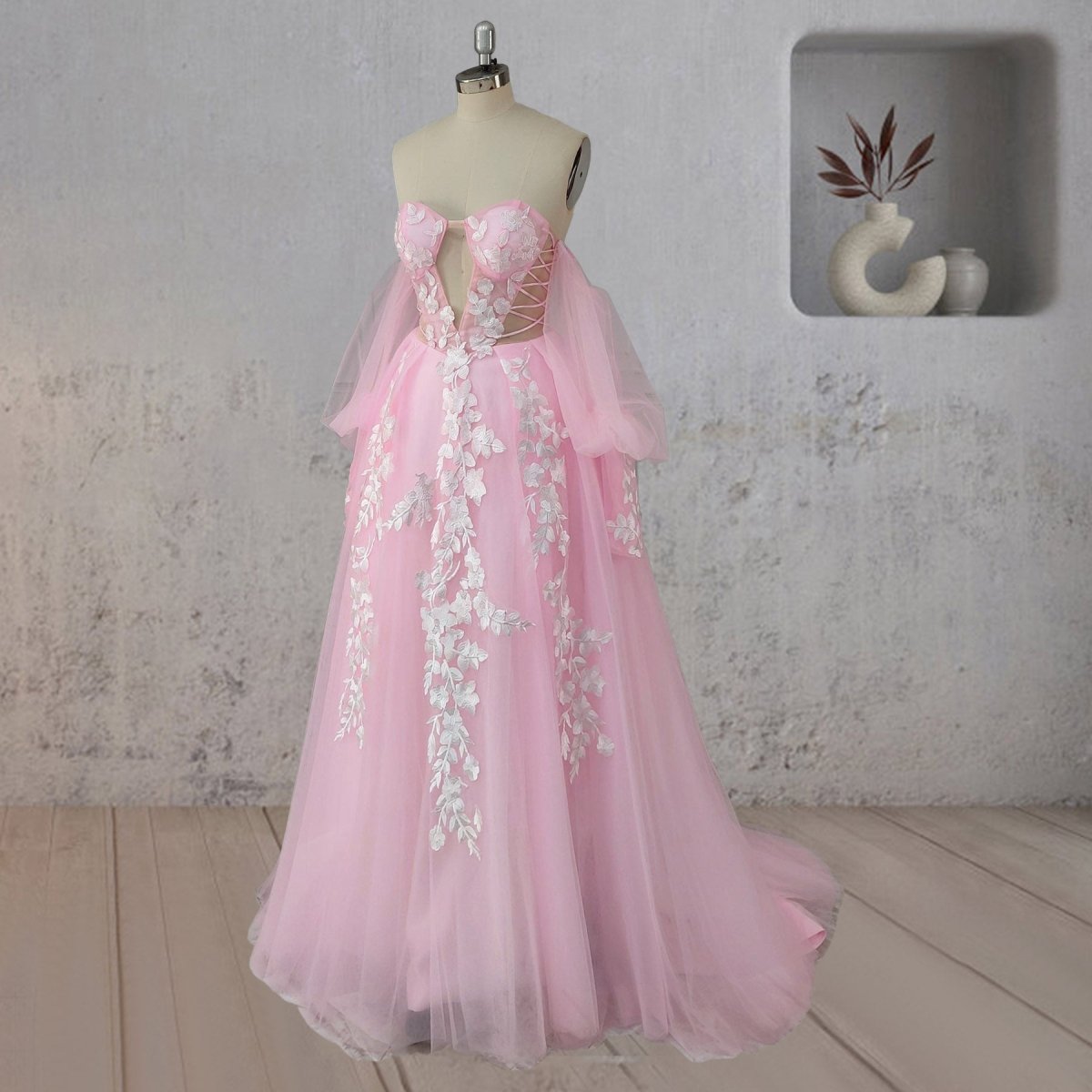 A-Line Floral Appliques Polka Dots Wedding Dress with Slit