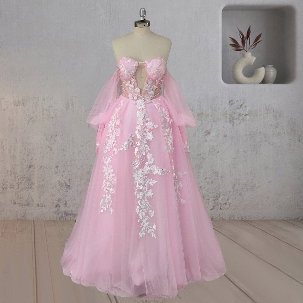A-Line Floral Appliques Polka Dots Wedding Dress with Slit